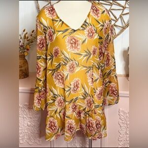 Women’s sheer Large‎ Floral Mustard Dress with Pink and Green Accents